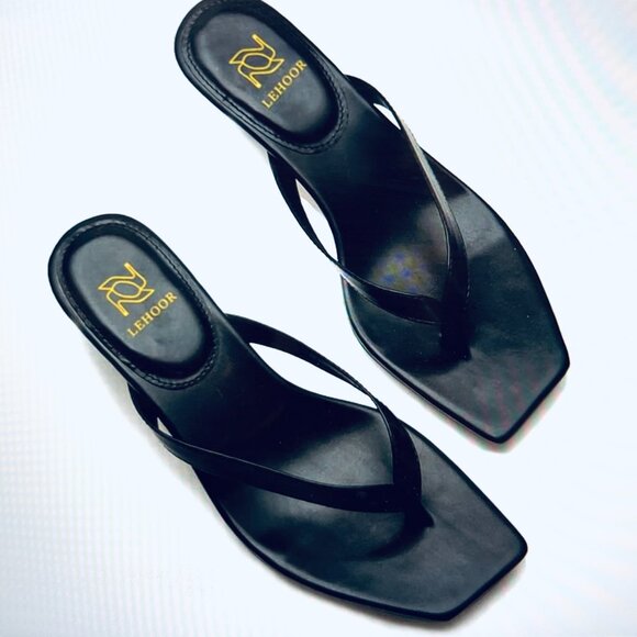 Lehoor BLACK Kitten Heels Flip-Flops Mules Thongs Square Open Toe Sandals, 8.5 - Picture 3 of 9